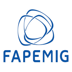 Logomarca da empresa Fapemig, conjunto de 3 triangulos com cantos arredondados na cor azul sem cor de preenchimento organizados um em cima do outro com a o texto Fapemig apaixo das formas.