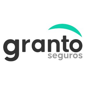 Logomarca da empresa Granto Seguros, a palavra GRANTO com letras minusculas cnas cores pretas com um arco na cor ciano sobre as letras N T O com o texto 'Seguros' abaixo da palavra Granto.