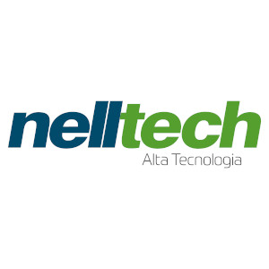 Logomarca da empresa Nelltech, com o nome nelltech escrito em letras minusculas, a palavra NELL na cor azul escuro e a palavara TECH na cor verde, abaixo escrito o texto 'Alta Tecnologia'